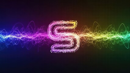 Luminous particle letter S glowing amidst dynamic rainbow light wave patterns on dark background