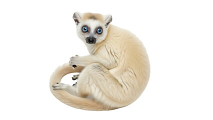 Isolated Crowned Sifaka lemur, Propithecus coronatus, sitting with its tail wrapped around it © Aoife