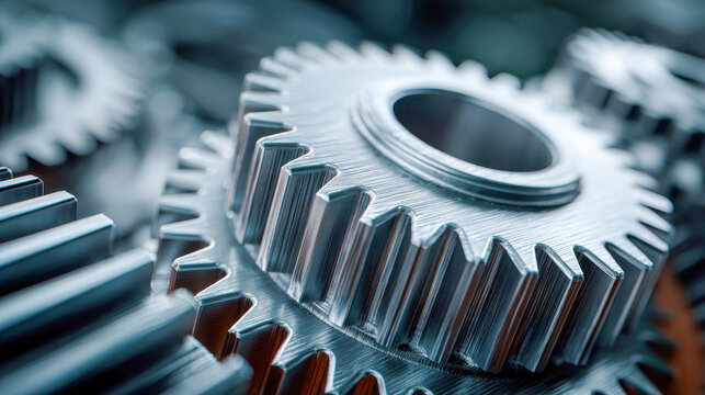 Detailed metallic gear teeth interlocking closely in a mechanical system, showcasing precision engineering and industrial machinery components with a cool-toned fini