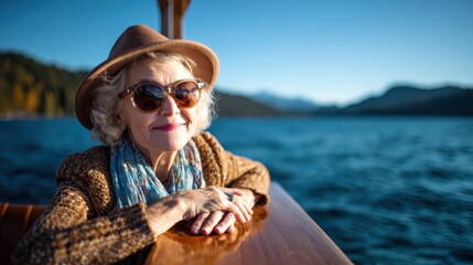 A graceful elderly woman in a stylish hat sitting by the serene lake, enjoying the picturesque views with a peaceful demeanor and a smile on her face.