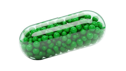 Isolated capsule with green beads inside for medication, vitamin or dietary supplement