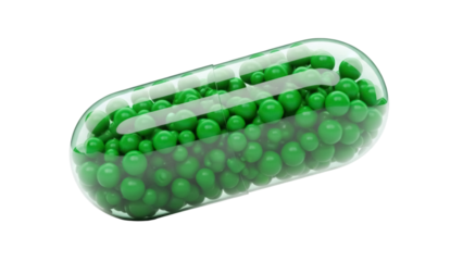 Isolated capsule with green beads inside for medication, vitamin or dietary supplement
