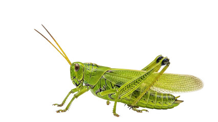 Isolated green grasshopper on neutral backdrop poses with antenna forward, summer insect