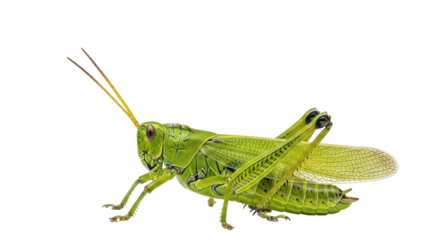 Isolated green grasshopper on neutral backdrop poses with antenna forward, summer insect