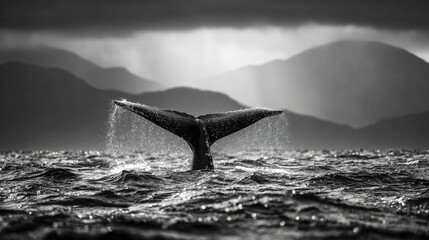 A majestic whale tail emerges from choppy ocean waters with cascading droplets against a backdrop of misty mountains under a dramatic cloudy sky