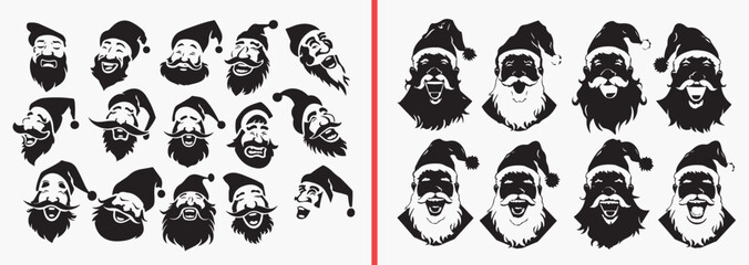 santa claus portrait silhouettes vector, christmas face clipart, holiday santa svg, winter festive illustration, santa head graphics, black santa portraits, christmas vector art, holiday character des