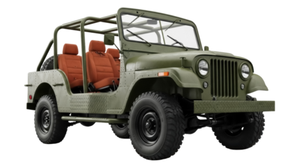 Isolated olive green offroad utility vehicle four-wheel drive with roll cage for leisure use