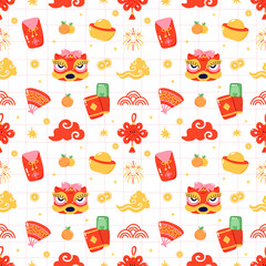 Chinese New Year Repeating Background with Gold Ingots, Lucky Knots, and Clouds for Festive Design
