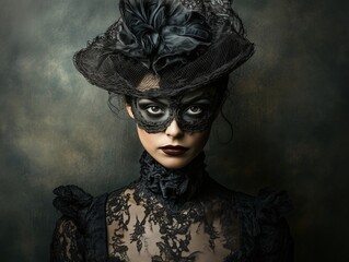 mysterious woman in black masquerade costume