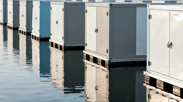Medium shot of modular floating storage units aligned on calm water showcasing scalable design and secure temporary storage solutions.
