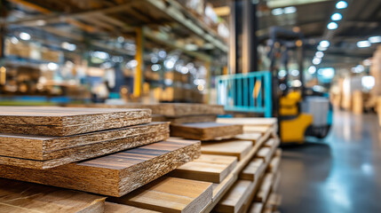 Engineered wood panels with rich wood grain patterns, neatly stacked in factory warehouse, forklifts and shelves visible in background defocused, with copy space