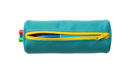 Isolated blue pencil case with yellow zipper, pens inside, stationery supply item holder
