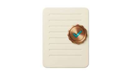 Isolated document icon with checkmark seal for completed task approval application process