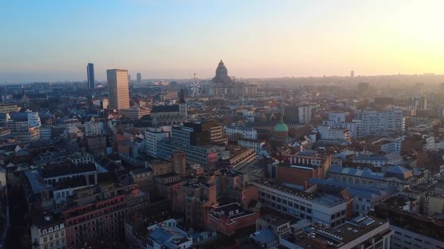 Flying over Brussels Belgium drone shot sunny day