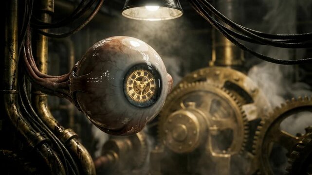 Mechanical eye floats among brass gears, pipes and thick cables in a smoke-filled industrial workshop. A warm overhead lamp casts reflections on metal surfaces. The scene evokes vintage machinery, eng