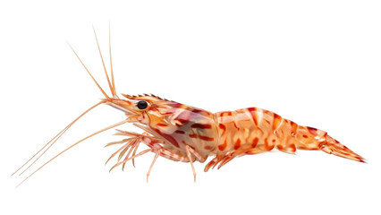 Isolated freshwater prawn, red, orange, and brown coloring, long antennae and swimmerets