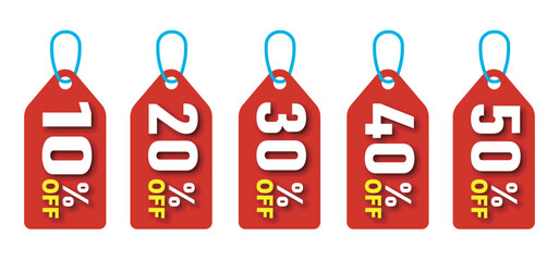 Vibrant red discount tags showcasing various percentage markdowns from 10% to 50% off