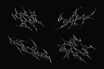 Set 3d chrome metal effect neo tribal y2k gothic style tattoo. Cyber sigilism abstract design. Black flame ornaments with sharp edges and metalcore aesthetic. Vector decorative elements