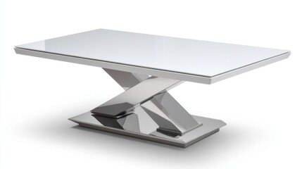 Contemporary coffee table with geometric design, rectangular glass top, smooth clean lines, reflective white finish,