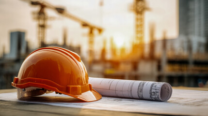 Orange safety helmet and rolled architectural blueprints resting on construction site table with cranes and urban development in soft sunset background
