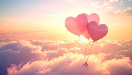 Heart shaped pink balloons. Valentine's Day symbol. Flying above fluffy clouds. Colorful sunset sky background. Romantic atmosphere. Heart balloons. Pink love symbol. Cloud landscape.
