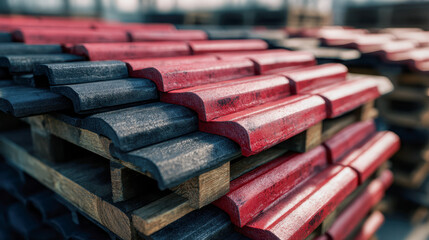 Stacks of red and black ceramic roofing tiles neatly arranged on wooden pallets in an outdoor storage area ready for construction use