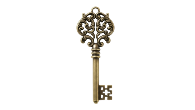 Isolated ornate antique key, vintage medieval metal key, decorative brass treasure key - Powered by Adobe