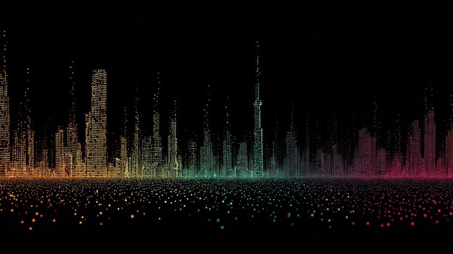 Abstract city skyline illustration with vibrant lights against dark background
