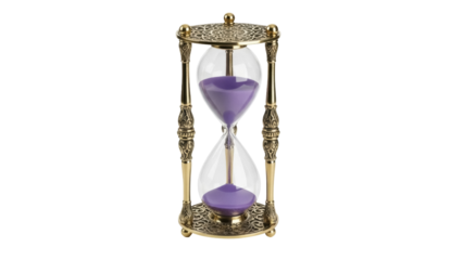 Isolated antique gold hourglass measuring time with purple sand on a neutral background
