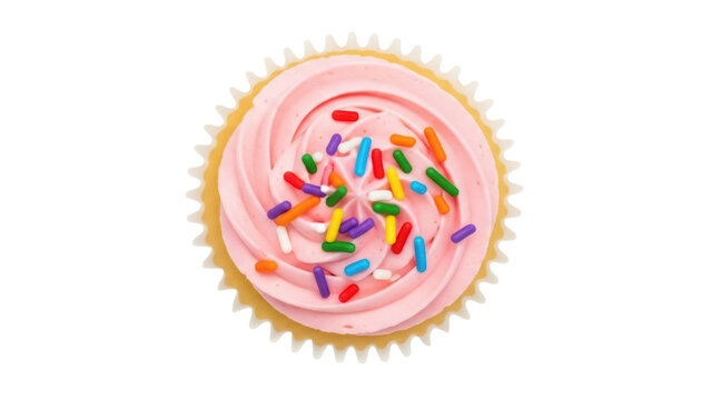 Isolated cupcake with pink frosting and colorful sprinkles, dessert pastry on table top