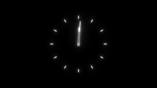 glowing Neon Twelve hours clock run, moving time arrows, 12 hours clock dial loop, twenty-four hours time lapse animation, Hours appear on a white background and quickly go
