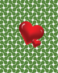 Red hearts on green patterned background