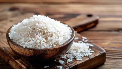 White rice in wooden bowl on rustic cutting board