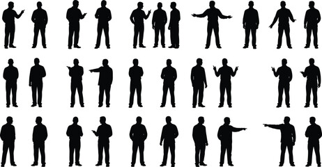 Set of male silhouettes standing gesturing and pointing isolated on white background showing communication body language poses collection vector illustration © Nur-Nobin Creations