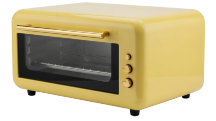 Isolated yellow retro toaster oven, vintage design, modern kitchen appliance for baking food