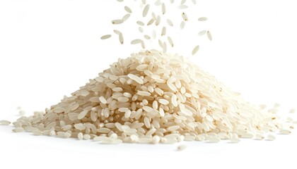 Raw white rice grains falling on a pile isolated on white background.