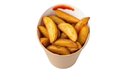 Isolated paper container of potato wedges with ketchup, ready to be served, popular fast food item