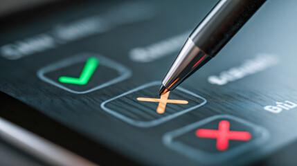 Pen marking an orange cross on a digital screen with green and red check marks and crosses, illustrating decision-making or selection concept in technology interface