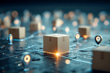 Conceptual digital network illustrating interconnected delivery boxes with glowing location markers symbolizing advanced logistics and smart transportation systems