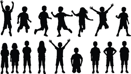 Obraz premium Set of children silhouettes in playful poses, boys and girls standing, jumping, and running, isolated on white background illustration