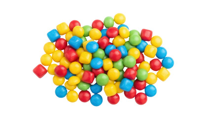 Isolated pile of bright colorful candy in various shapes like spheres and cubes