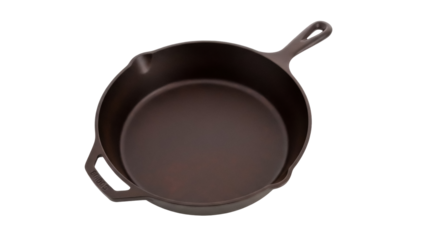 Isolated cast iron skillet against plain backdrop, cookware for culinary use, kitchen prop