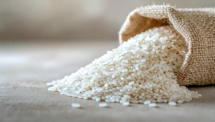 Close up of rice that appears to have fallen from a burlap sack