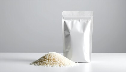 Mockup white rice product with standing pouch, White rice arranged neatly beside a blank standing pouch