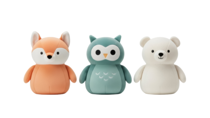 Isolated stuffed animals. Fox, owl and bear toys on a neutral background for baby room design