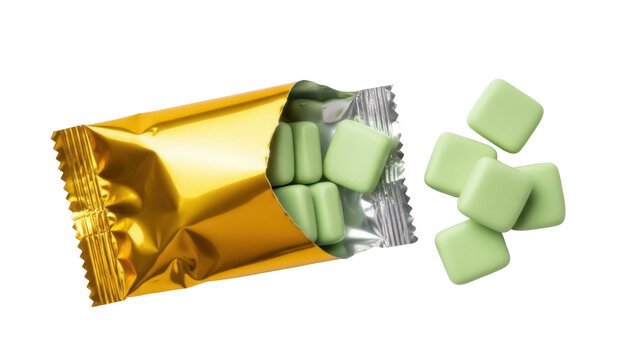 Isolated pouch of green chewing gum on table ready to eat for a refreshing treat sweet