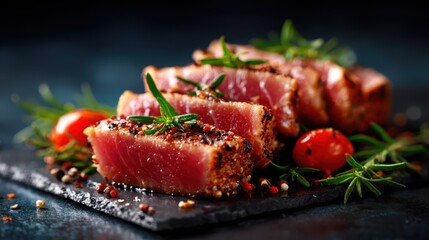 A beautifully arranged plate of seared tuna steaks garnished with fresh herbs, showcasing vibrant colors and textures that tempt food enthusiasts and culinary experts alike.