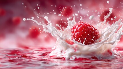 A dynamic image capturing a ripe raspberry splashing into milk, creating a visually stunning moment that signifies freshness, sweetness, and the joy of culinary creativity.