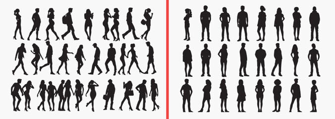 standing people silhouettes vector, men women clipart, human posture svg, lifestyle people illustration, casual standing poses, black people silhouettes, urban life vector art, character pose design, 