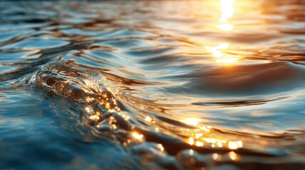 A serene view of gently rippling water, reflecting the golden hues of the setting sun, inviting tranquility and contemplation over nature's beauty.